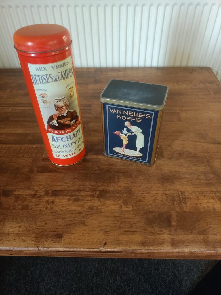 2x vintage reclame blikken – Van Nelle koffie & Frans blik, Verzamelen, Blikken, Ophalen, Gebruikt, Koffie, Van Nelle