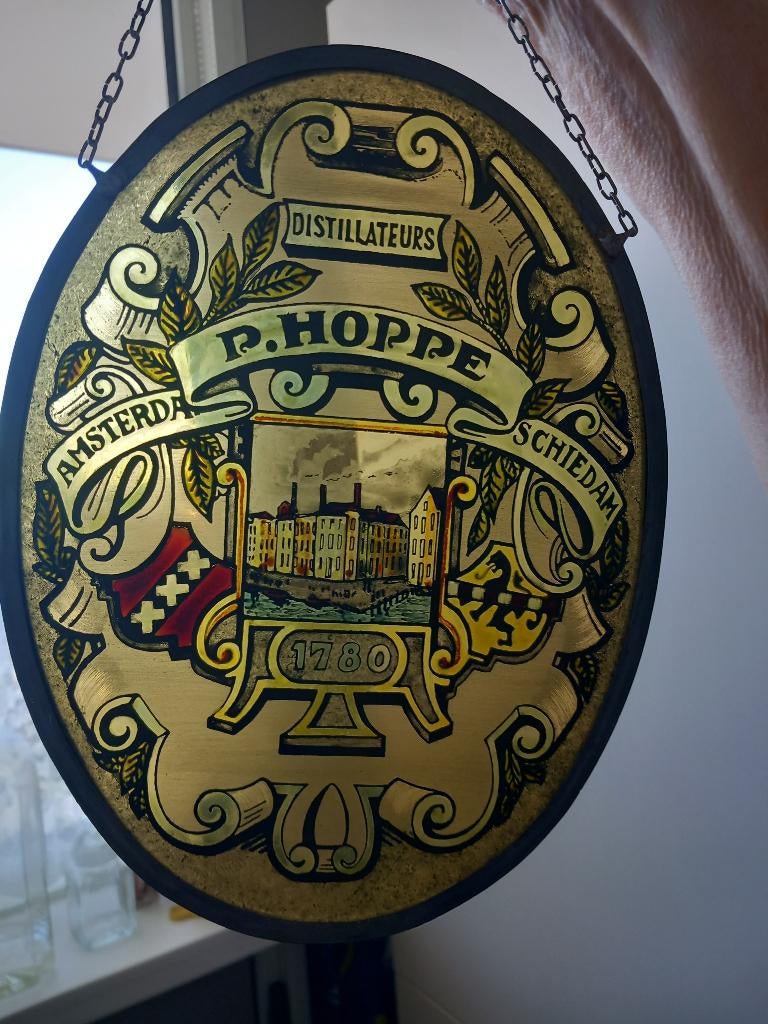 Oud glas in lood van P. Hoppe Distillateurs, Antiek en Kunst, Antiek | Glas en Kristal, Ophalen of Verzenden