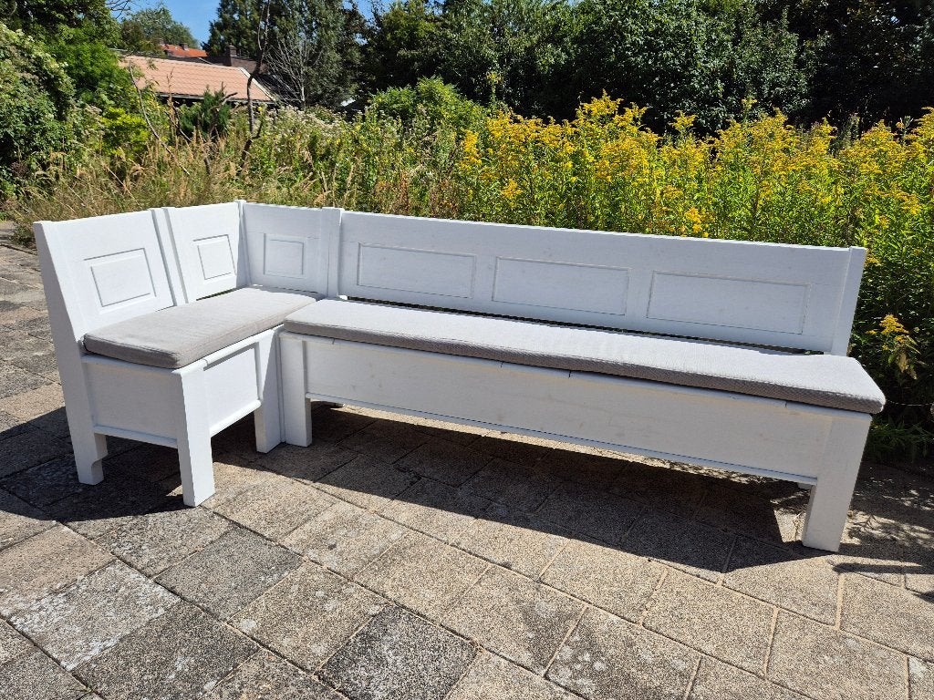 Houten hoek klepbank met opbergruimte en kussens, Ophalen, Gebruikt, Hoekbank, 200 tot 250 cm