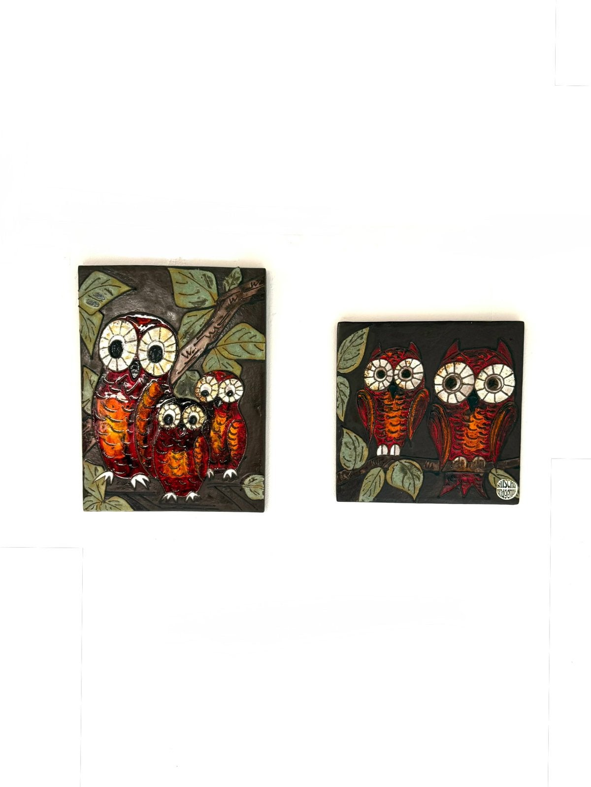 Set van 2 vintage keramieken wandtegels, Ruscha Keramik ‘60, Ruscha Keramik, Oranje, Handgemaakt, Steen/keramiek