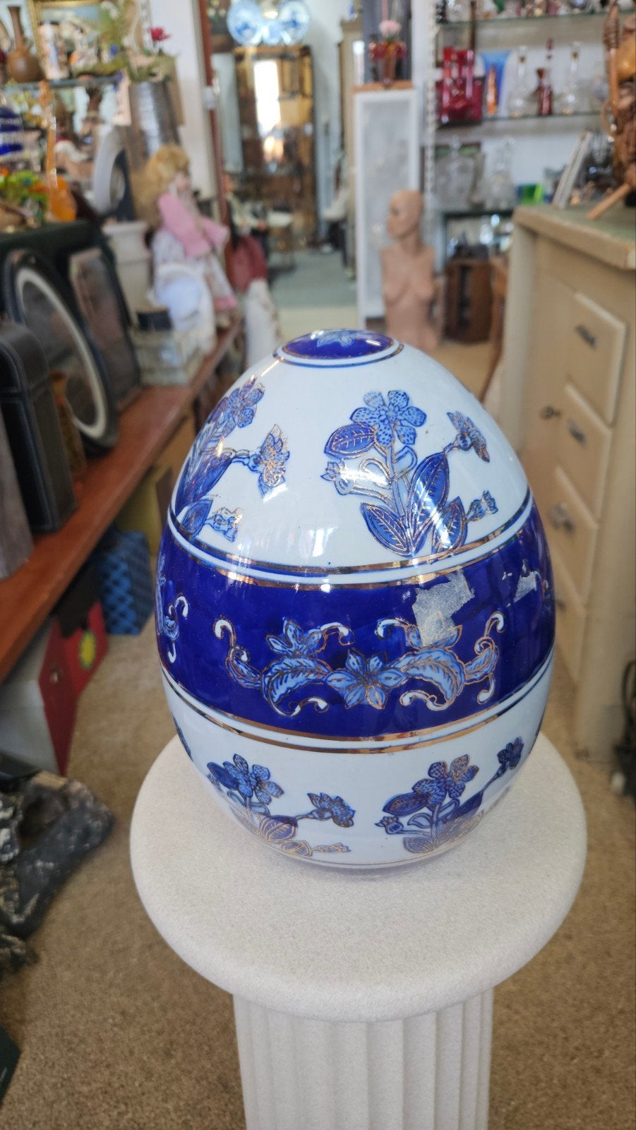 Decoratieve Ovale Vaas met Blauw-Wit Bloemenpatroon, Ophalen of Verzenden