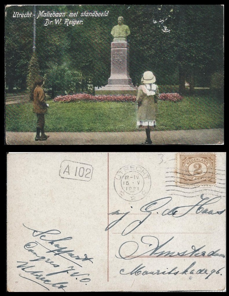 Utrecht 1921 Maliebaan standbeeld Dr. W. Reiger f-329 jdu, Verzamelen, Ophalen of Verzenden, Voor 1920, Gelopen, Utrecht
