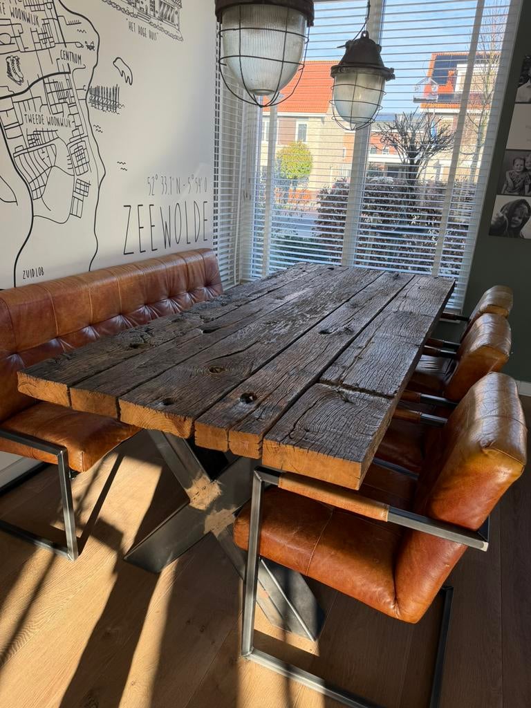 Robuuste eettafel van wagonplanken, Huis en Inrichting, Tafels | Eettafels, Ophalen, 200 cm of meer, 50 tot 100 cm, Zo goed als nieuw