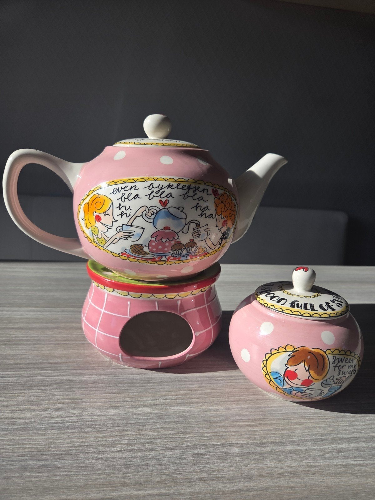 Roze theepot, theelicht en suikerpotje, Blond Amsterdam, Gebruikt, Roze, Steen/keramiek, Overige merken
