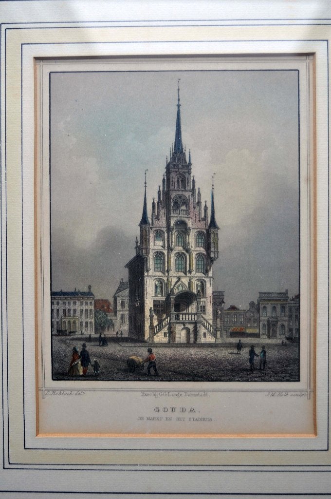 Oude staalgravure van stadhuis Gouda, Antiek en Kunst, Ophalen, Stadsgezicht, Gravure, 1800 - 1899