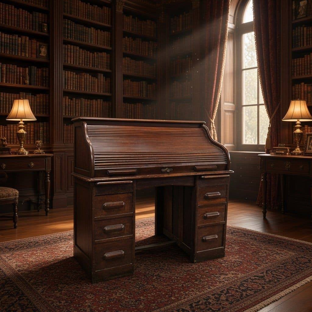 vintage houten Amerikaanse bureau / desk met rolluik, Ophalen, Gebruikt