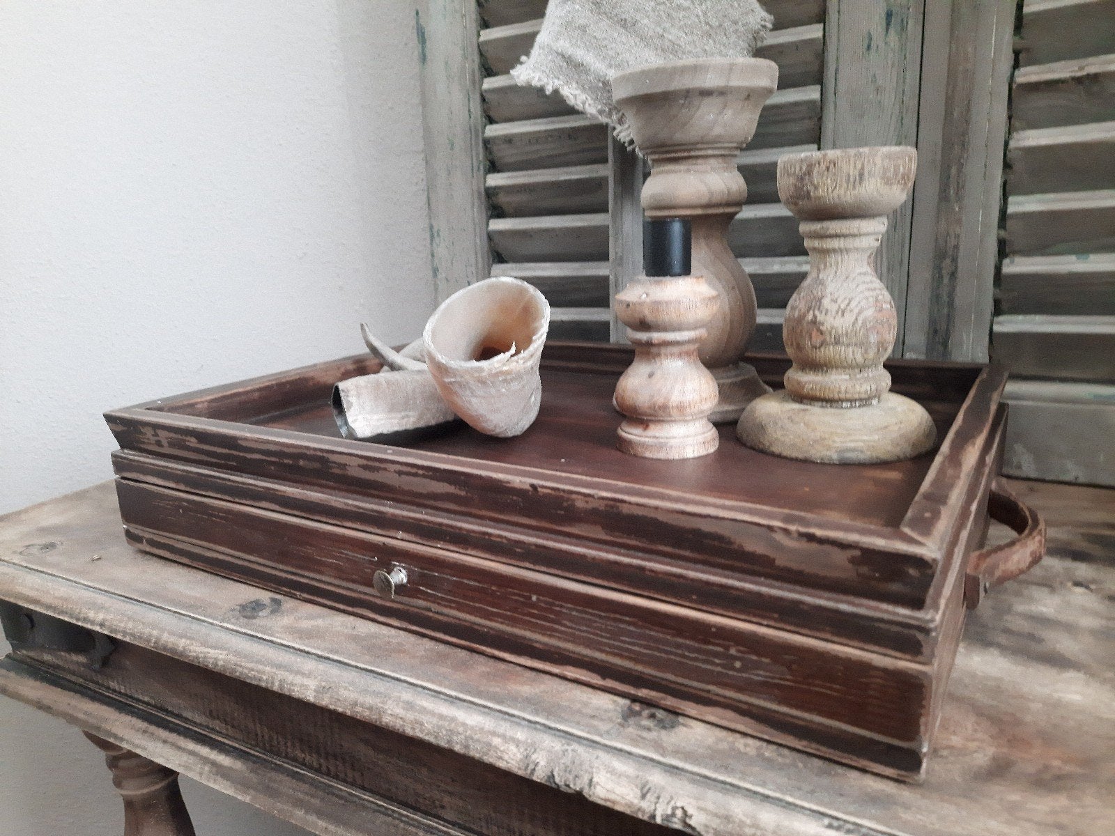 oud dienblad met laatje tray stoer sober landelijk, Ophalen, Gebruikt, Rechthoekig, Hout