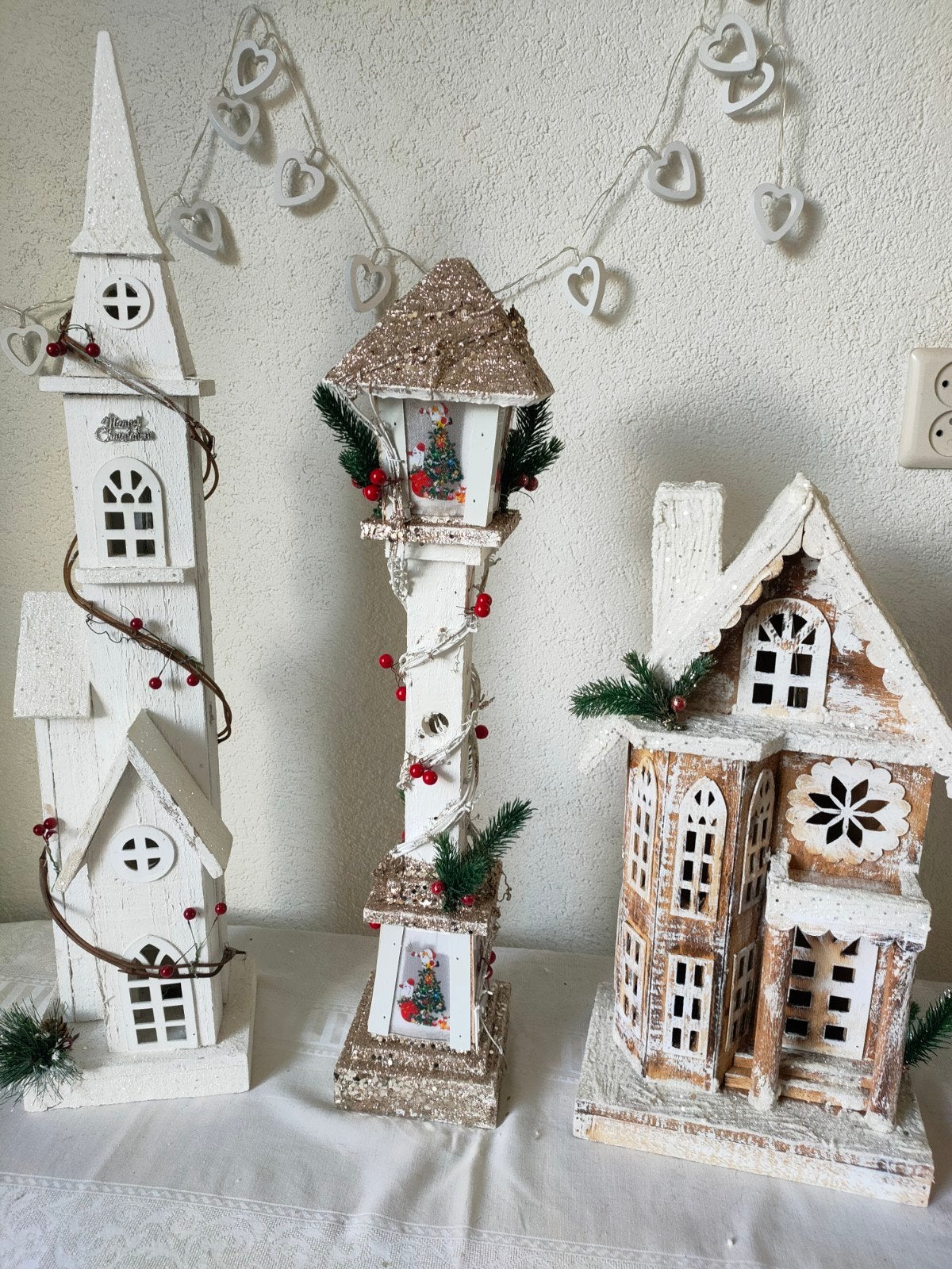 drie decoratieve houten kerstfiguren met LED verlichting, Ophalen, Zo goed als nieuw