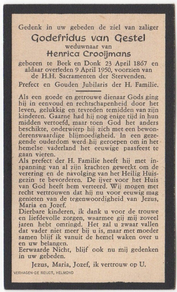 Godefridus van Gestel 1867 Beek en donk + 1950 aldaar, 82 jr, Verzenden