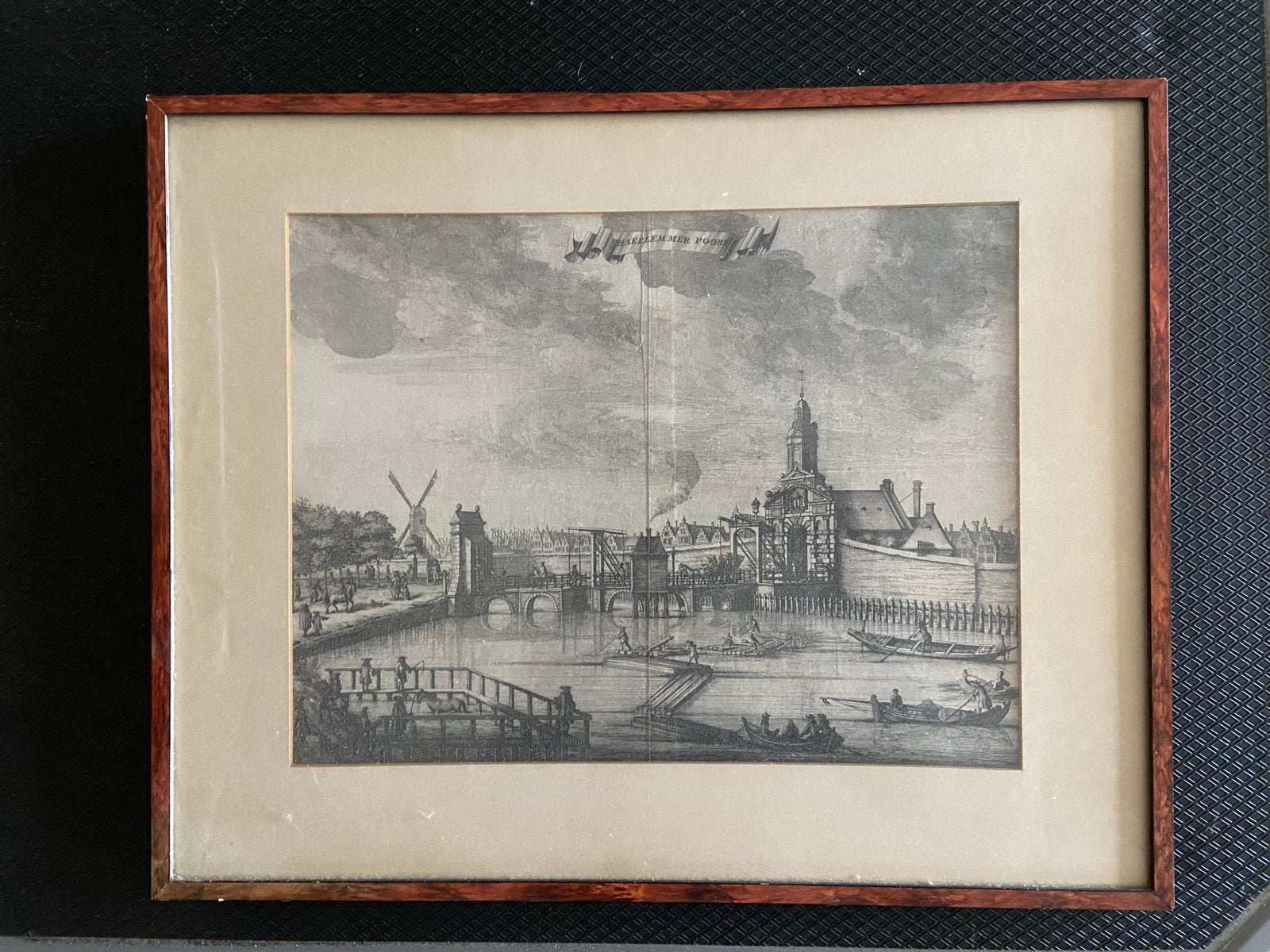 Oude prent: Rheinansicht 1830 - Stadsgezicht met molen, Ingelijst, 1800 - 1899, Ophalen of Verzenden, Overige technieken
