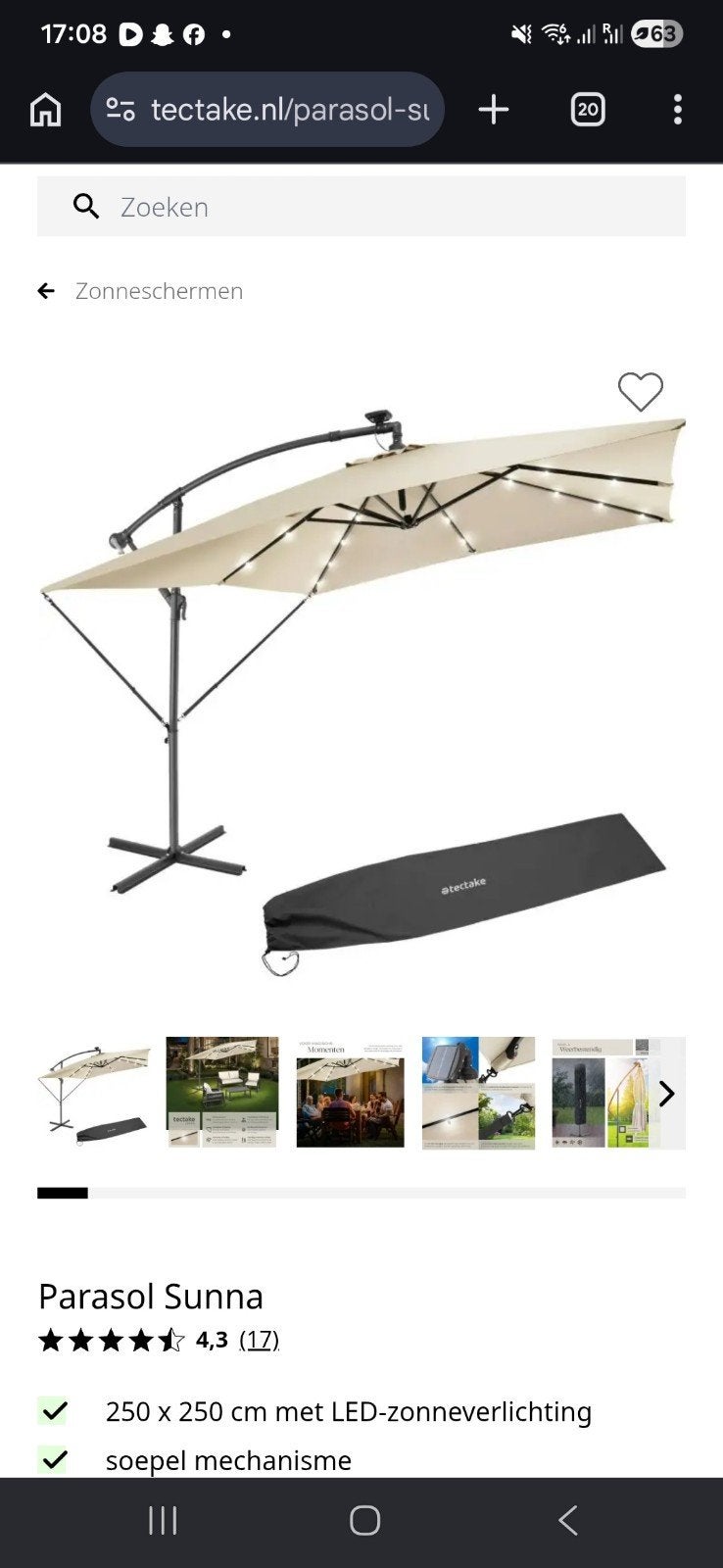 NIEUW Tectake Zweefparasol Sunna 250x250c  LED-verlichting, Ophalen of Verzenden, Nieuw, Zweefparasol, Verstelbaar