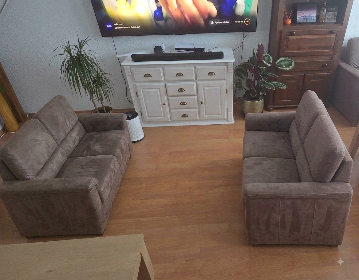 Twee comfortabele 3+2 zitsbanken in bruin stof, Huis en Inrichting, Ophalen, Gebruikt, 150 tot 200 cm, Tweepersoons