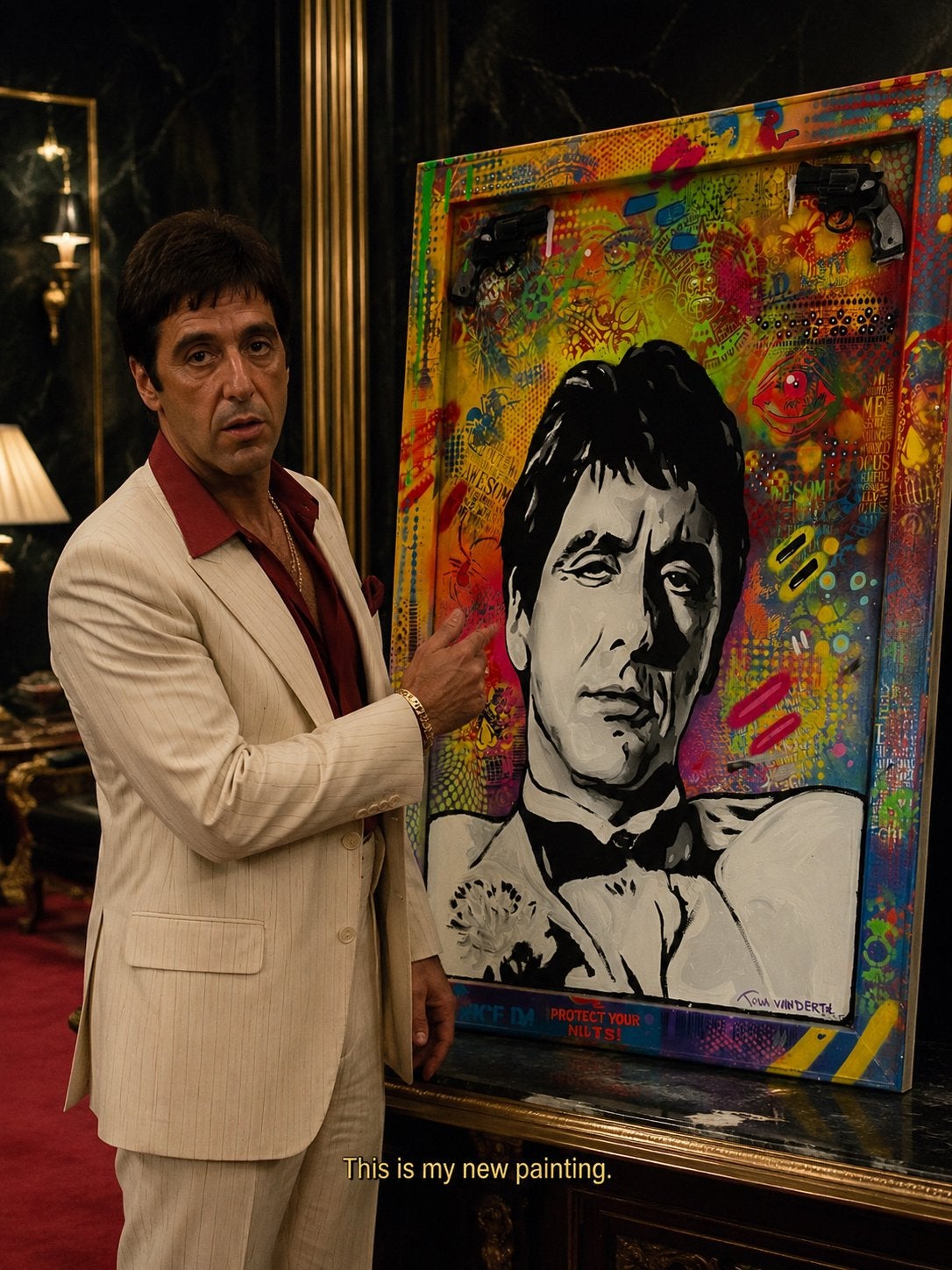 Tony Montana Scarface Pop Art Schilderij - 83x93x124 cm, Ophalen, Film, Handgeschilderd, Gemengde techniek