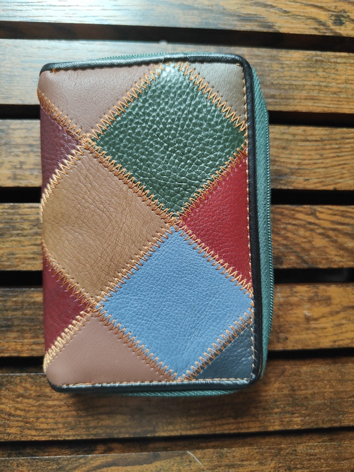 Leren portemonnee met patchwork design en rits, Overige kleuren, Leer, Nieuw, Ophalen