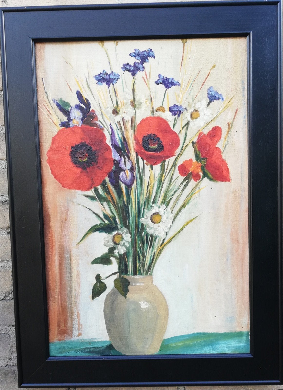 Klaprozen/korenbloemen. Stilleven. Marouflage. Ca 1950., Ophalen, Ingelijst, Hout, Olieverf