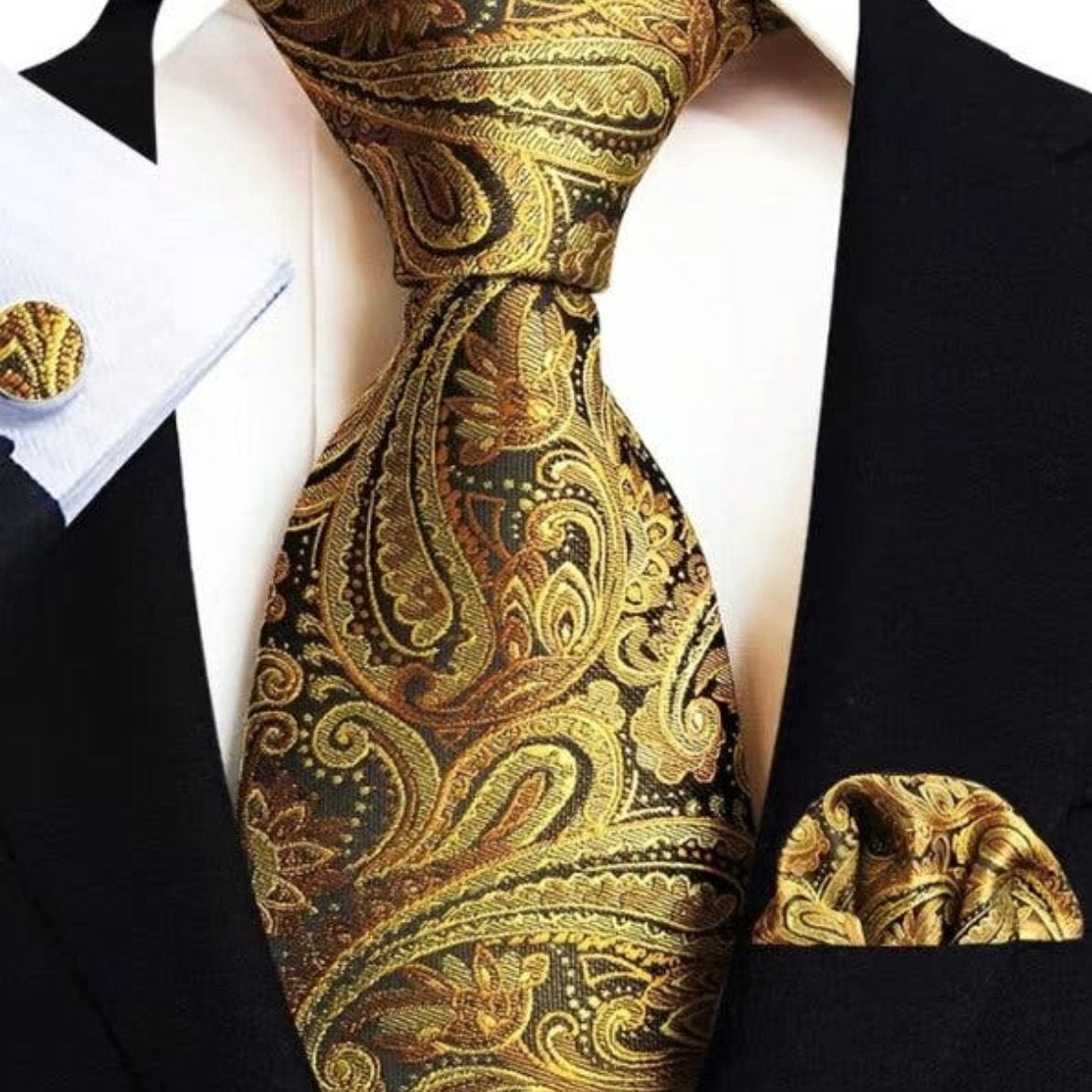 Stropdas Pochet Manchetknopen Goud Paisley -NIEUW-, Ophalen of Verzenden, Nieuw, Goud, Met patroon