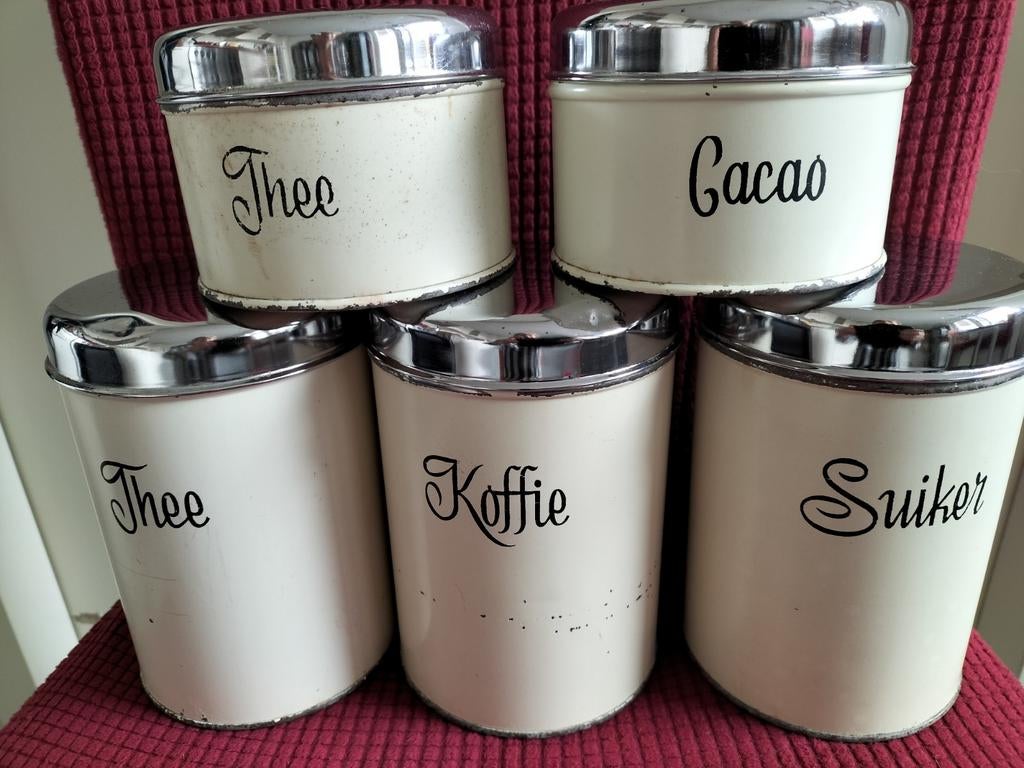 Brabantia wit vintage koffie, thee, suiker, cacao blikken, Verzamelen, Blikken, Ophalen of Verzenden, Gebruikt, Koffie, Overige merken