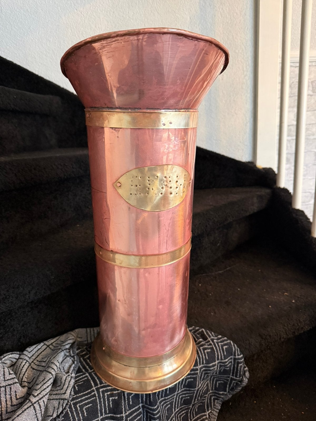 Antieke Koperen Paraplubak met Porseleinen Handvat, Ophalen of Verzenden, Koper