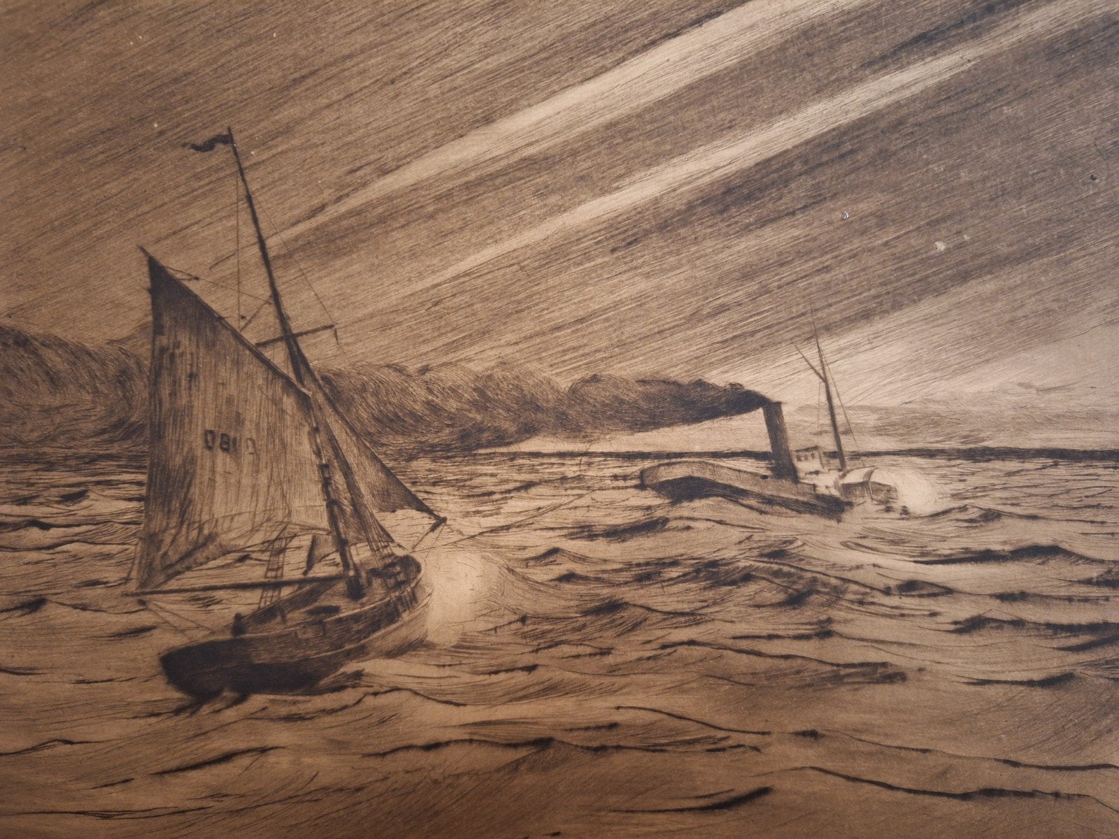 Ets Zeegezicht met Stoomboot - Coppens (O.), 1800 - 1899, Ets, Ophalen of Verzenden, Gesigneerd