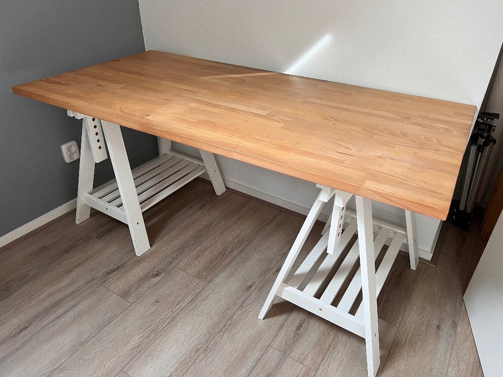 Ikea bureau | werkbank - houten blad witte verstelbare poten, Ophalen, Gebruikt, In hoogte verstelbaar, IKEA