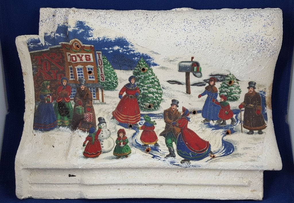 Vintage kerstdecoratie: stenen dakpan met kersttafereel. W3, Tweedehands verkoop, Tweedehands verkoop, Gebruikt, Ophalen of Verzenden