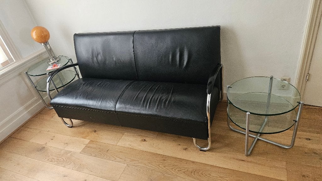 Zwarte Gispen driezitsbank met chromen frame, Ophalen, Gebruikt, Modern, Industrieel, 150 tot 200 cm
