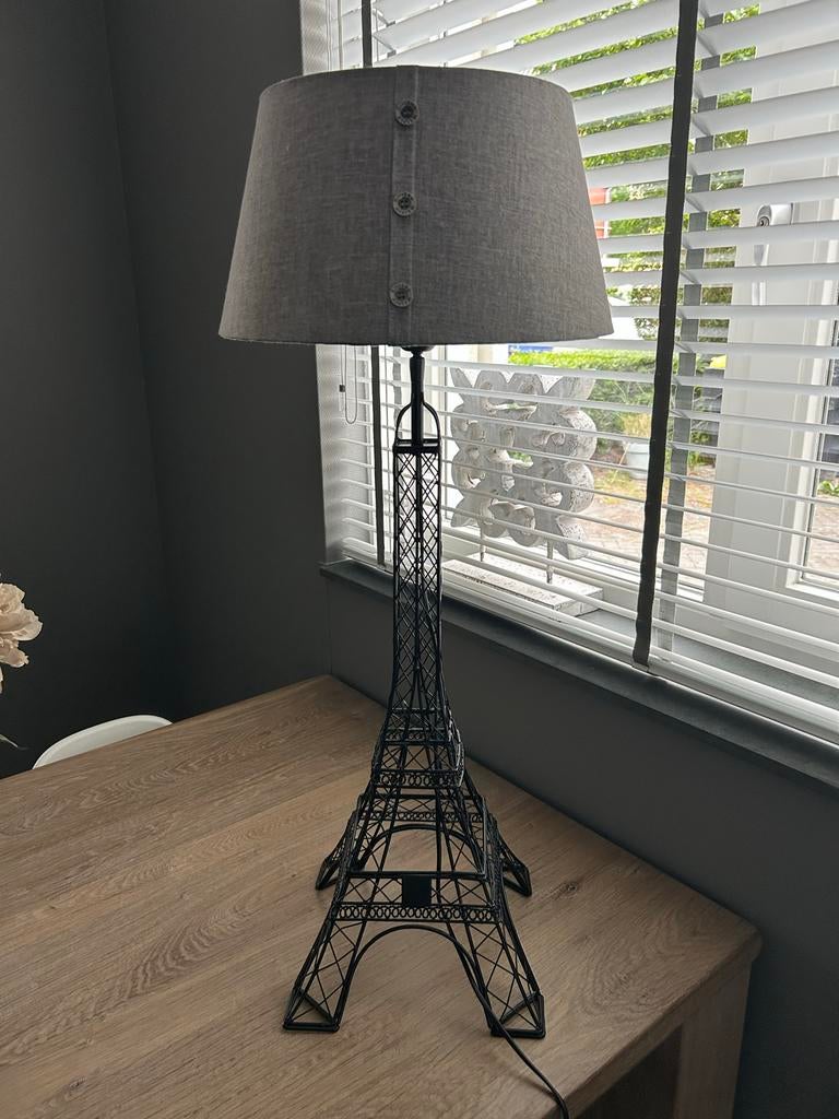 Riviera Maison zwarte Eiffeltoren tafellamp met grijze kap, Ophalen, Gebruikt, Metaal, Minder dan 100 cm