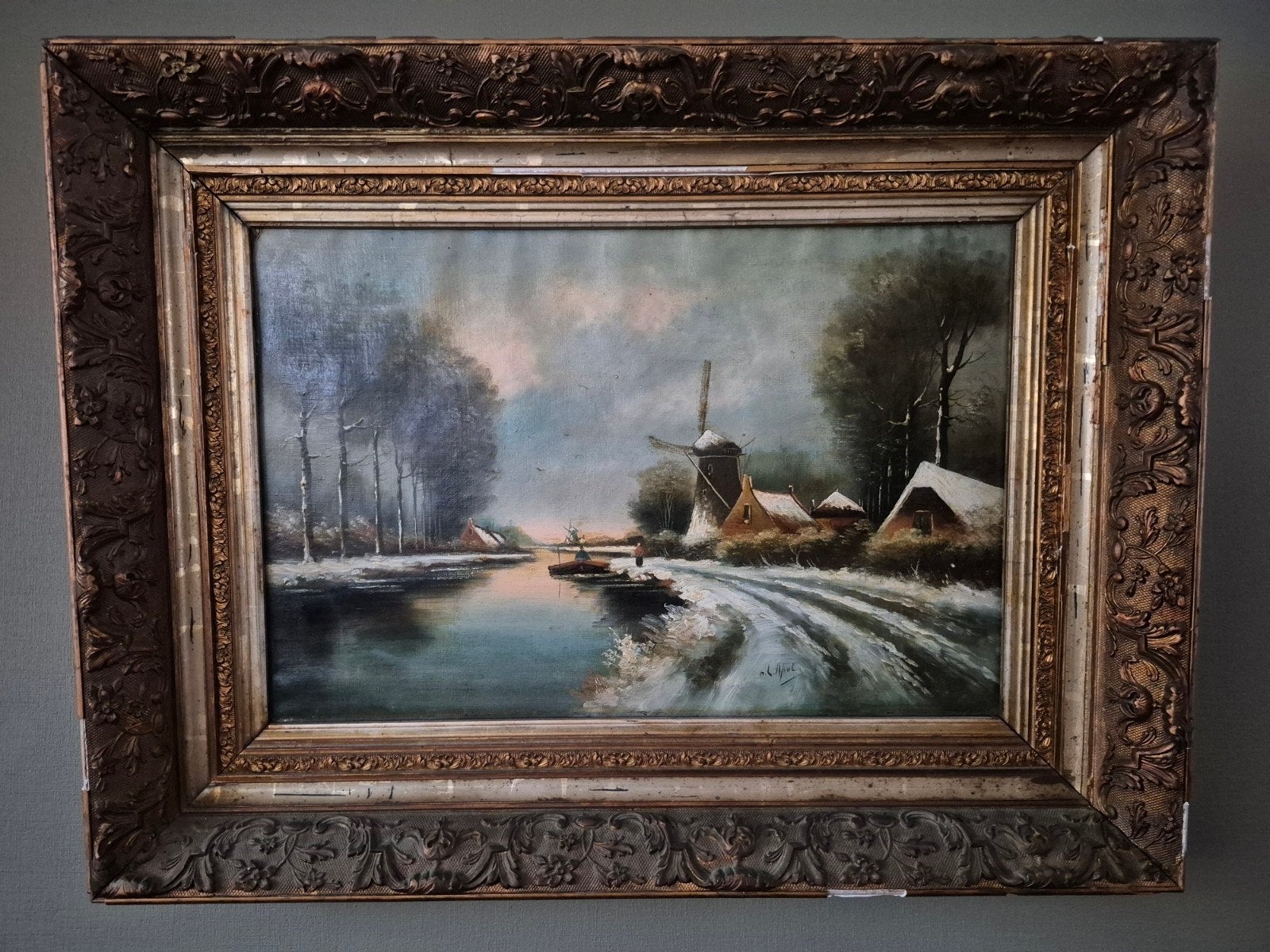 Schilderij Winterlandschap met Molen, gesigneer, Ophalen, Doek, Origineel werk, Landschap