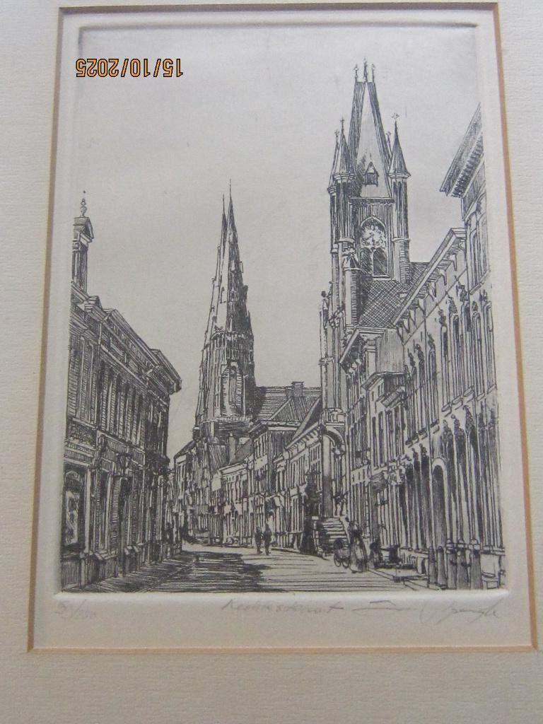 EINDHOVEN, Mooie ets v/d RECHTESTRAAT Joh van Rijsewijck, Antiek en Kunst, Kunst | Etsen en Gravures, Ophalen of Verzenden, Ets