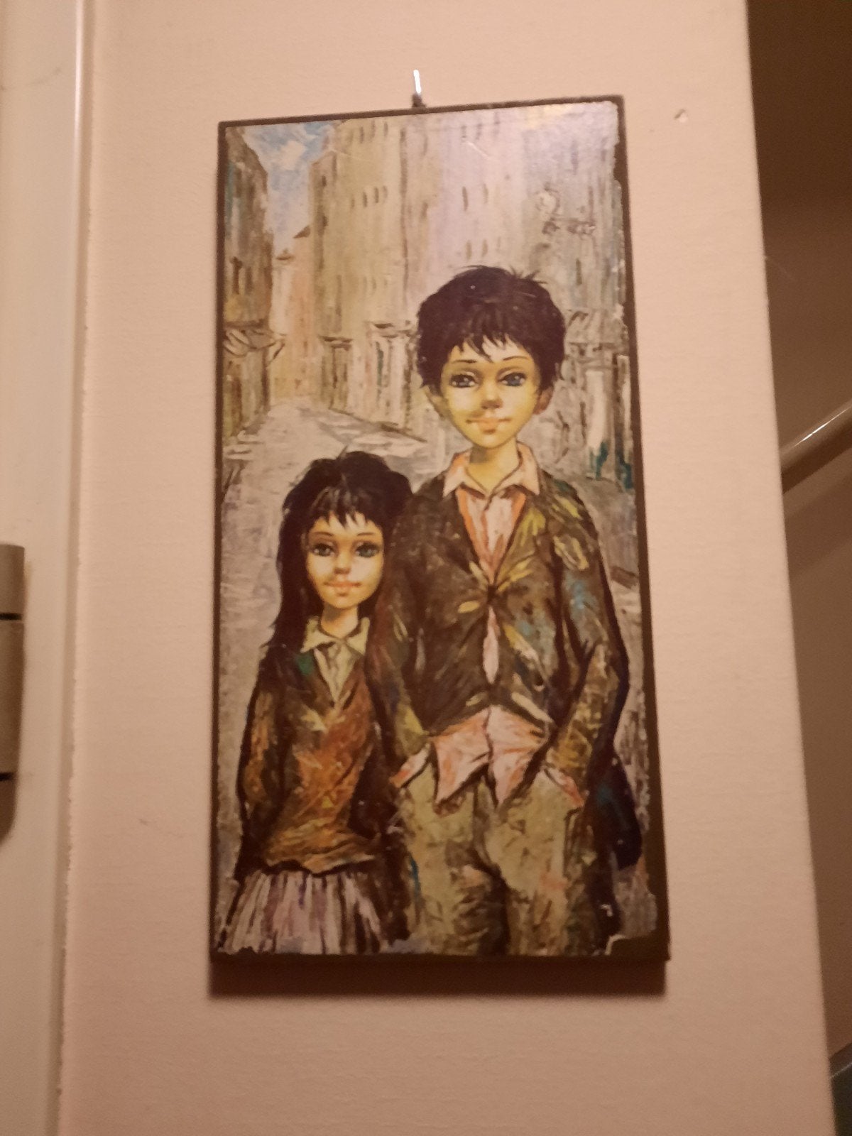 3x vintage schilderijen print op hout " Big  eyes", Ophalen of Verzenden, Print, Print/reproductie