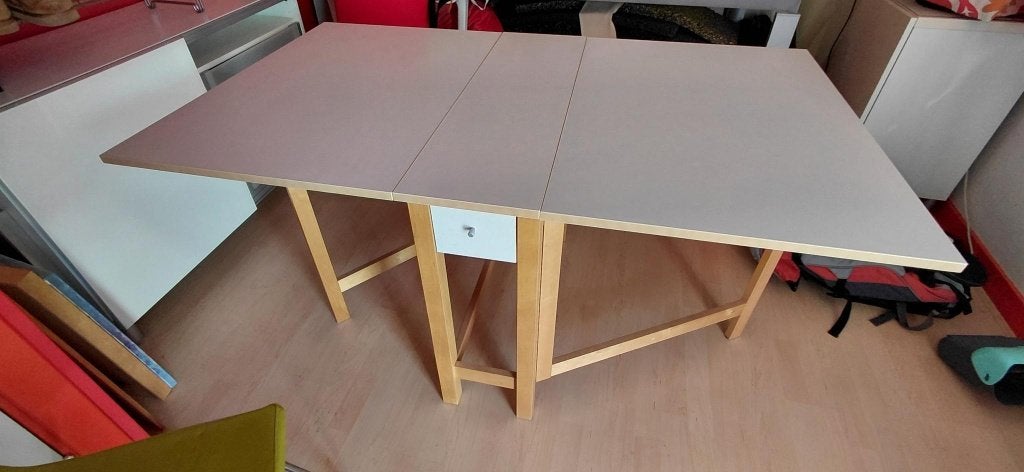 Vintage IKEA Norden klaptafel met lade, Ophalen, Gebruikt, 100 tot 150 cm, Vier personen