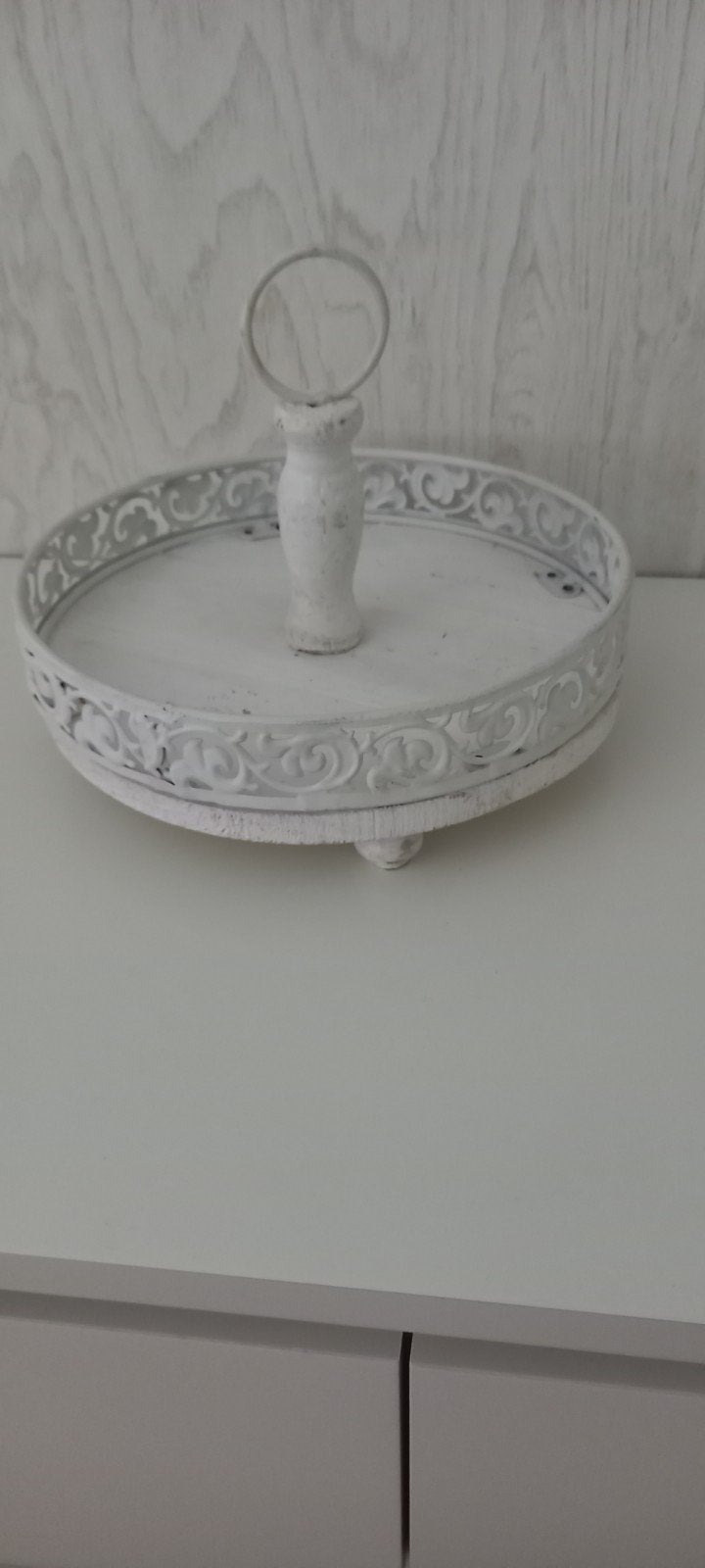Decoratief wit rond dienblad met handvat, Huis en Inrichting, Gebruikt, Met handvatten, Rond, Ophalen of Verzenden