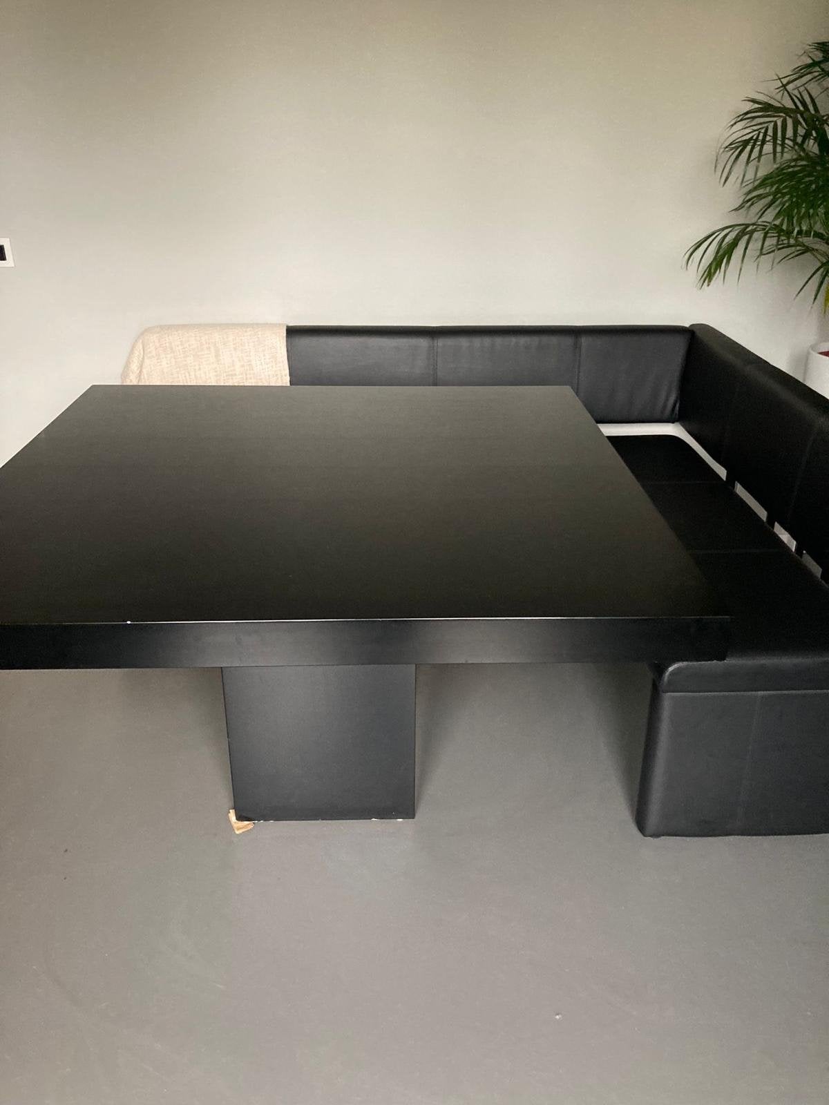 Hoogglans eettafel 160x160 met zwarte hoekbank, Ophalen, Overige materialen, Gebruikt, 150 tot 200 cm