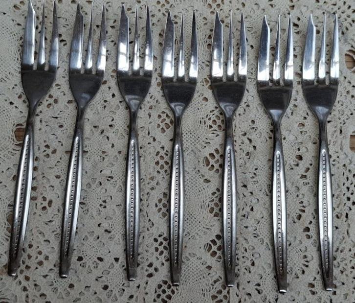 7 Vintage gebaksvorkjes, Esmeyer 18/10, Gebruikt, -, -, Ophalen of Verzenden
