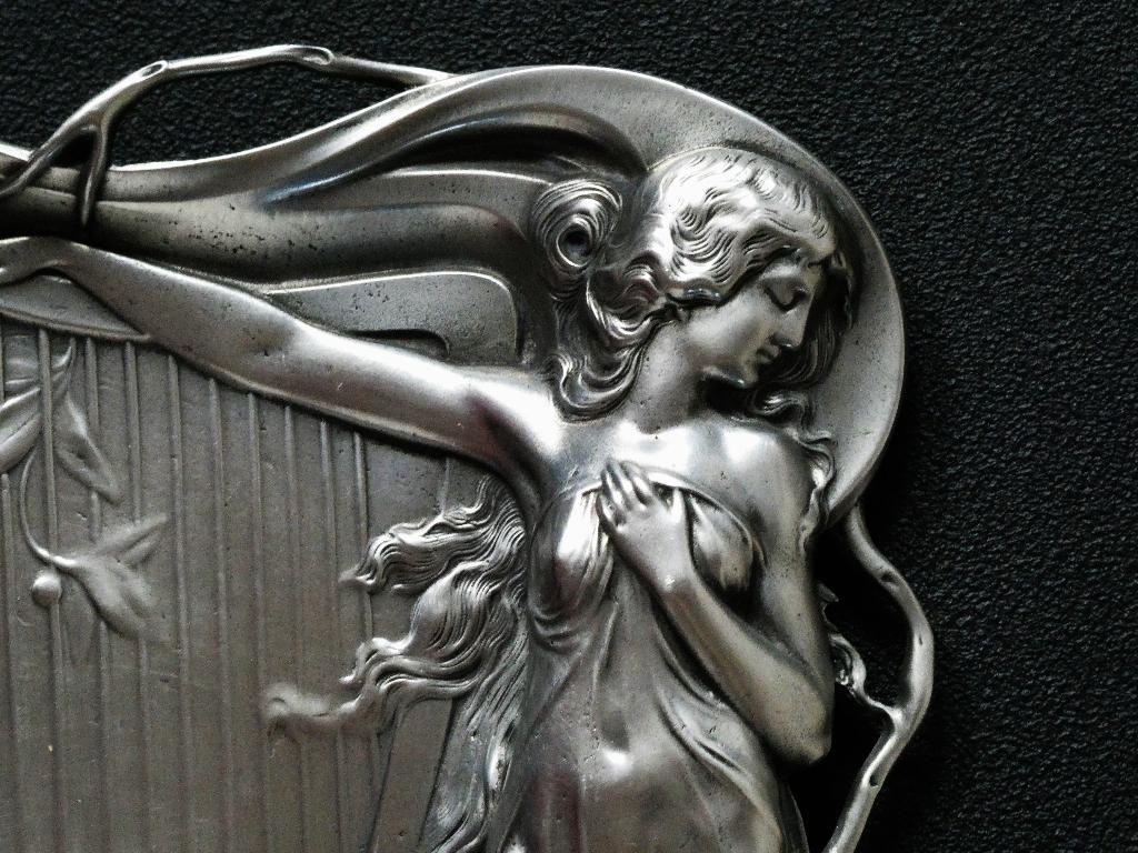 Jugendstil visitekaartjeshouder vide poche jongedame harp, Ophalen of Verzenden