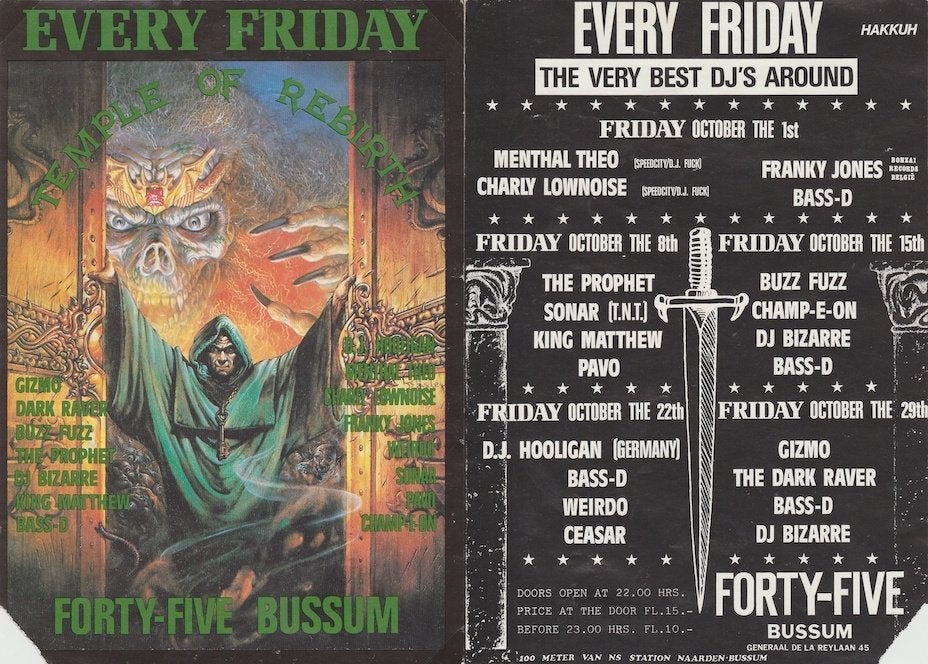 unieke flyers Temple Of Rebirth jaren '90, Verzenden, A4 of kleiner, Muziek, Rechthoekig Staand