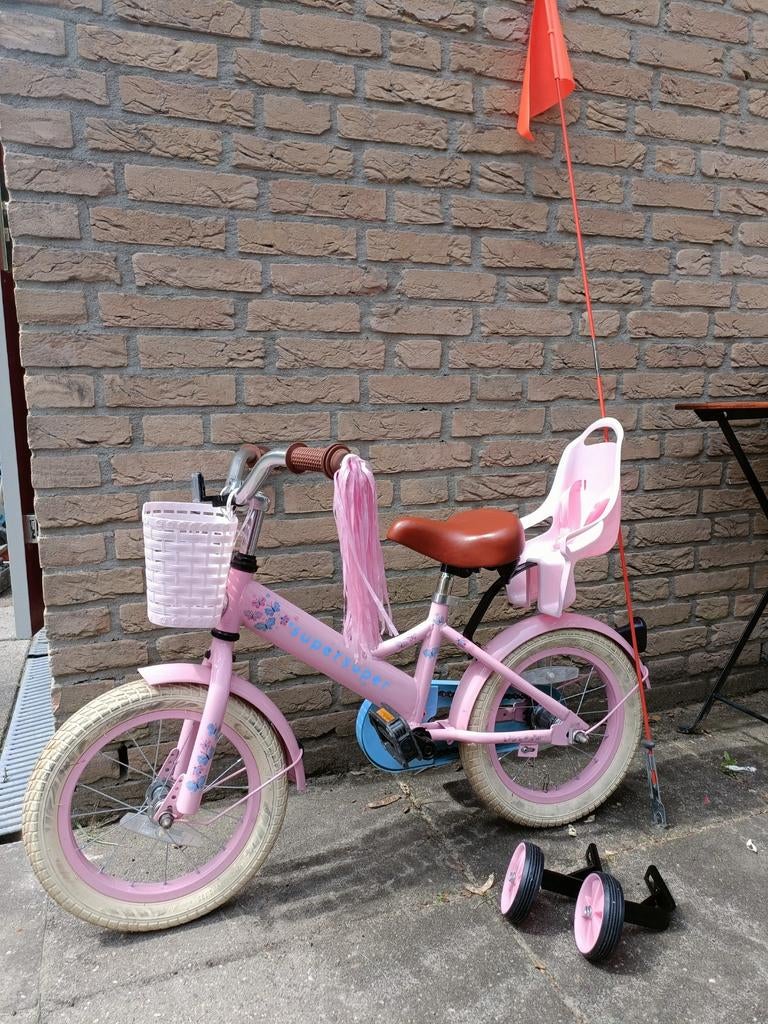 Super Super 14 inch kinderfiets roze met vlinders, Fietsen en Brommers, Fietsen | Kinderfietsjes, Ophalen, Terugtraprem, Zijwieltjes