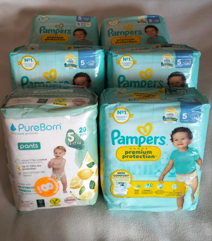5x Pampers Premium Protection + 1x PureBorn Pants Maat 5, Ophalen of Verzenden, Nieuw
