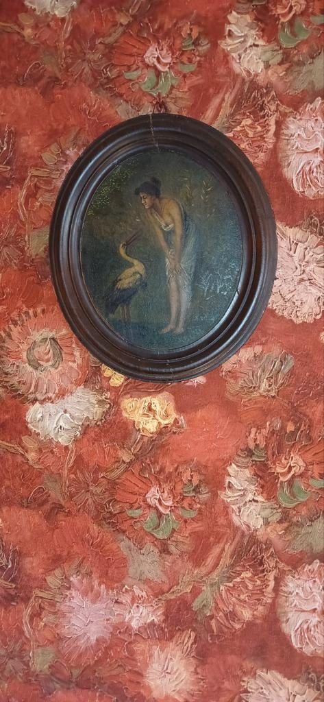 Antiek ovaal schilderij: Vrouw met ooievaar, Antiek en Kunst, Ophalen