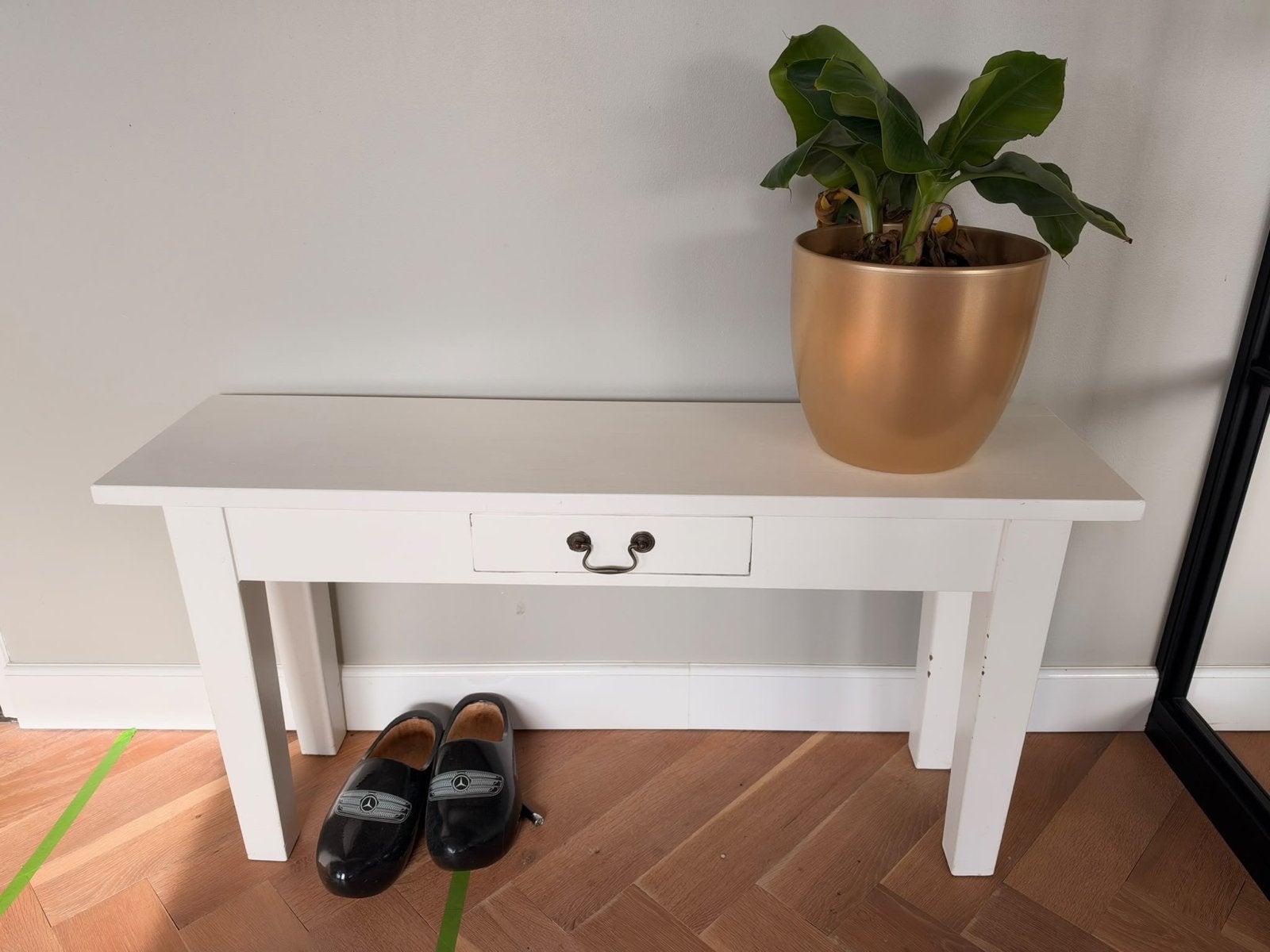 Witte houten side table met lade - 117x31x60 cm, Ophalen, Gebruikt, 75 cm of meer, 60 cm of meer