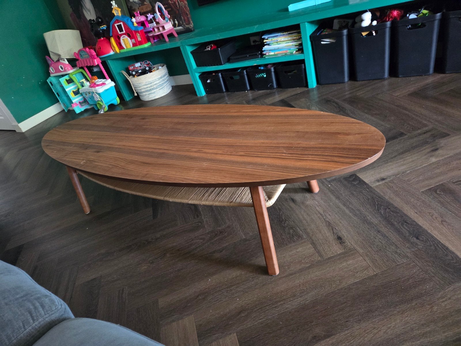 Ovale Salontafel met Houten Blad en Rotan Onderblad, Ophalen, Gebruikt, Overige materialen, 50 tot 100 cm