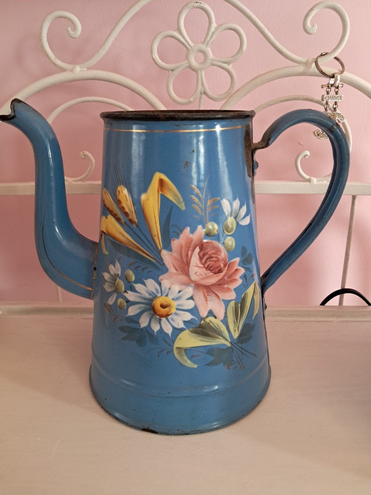 Franse Emaille Koffiepot met Bloemen, Ophalen of Verzenden