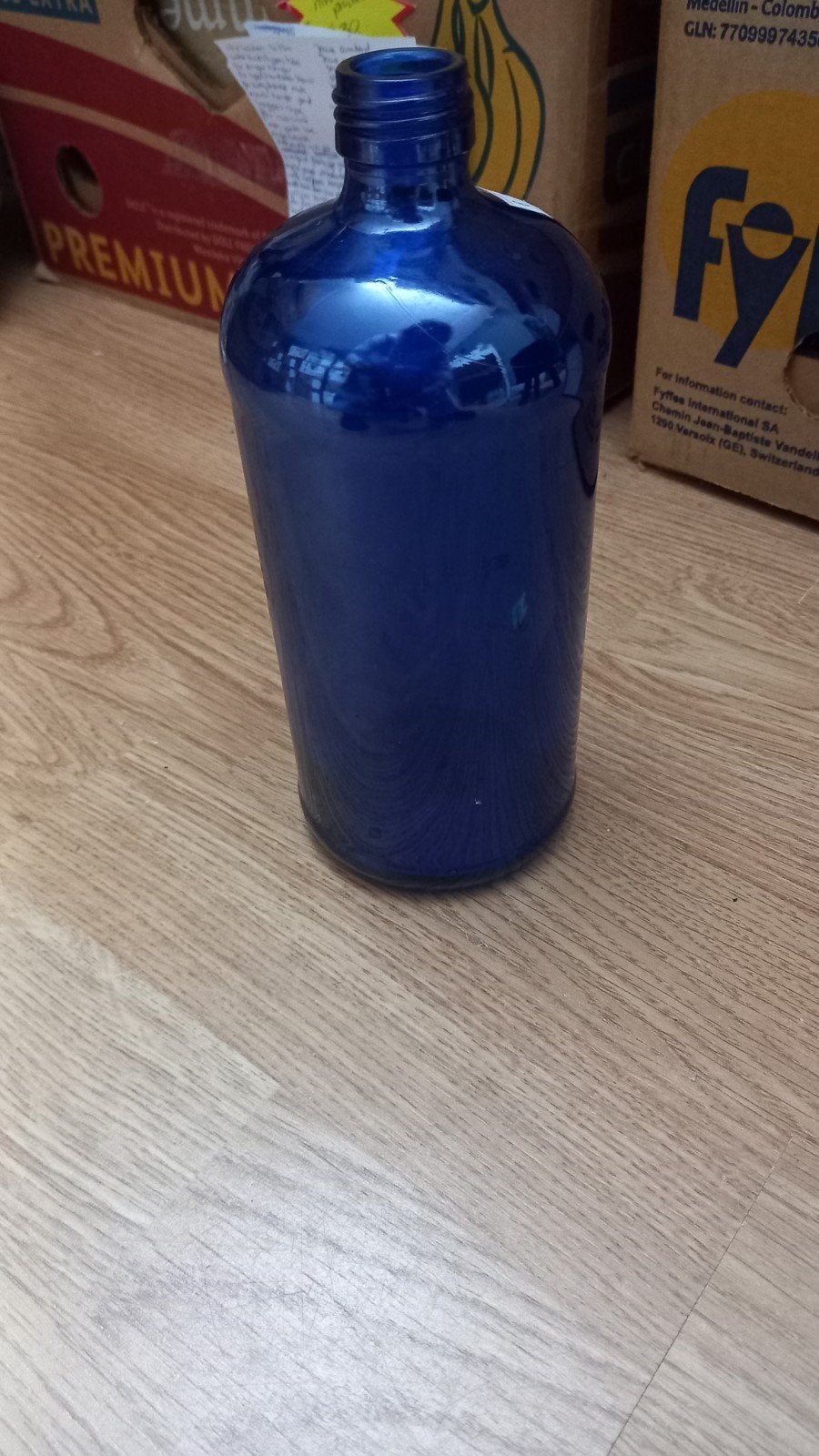 Blauwe glazen fles - 20 cm hoog, Ophalen of Verzenden, Gebruikt, Blauw, Glas