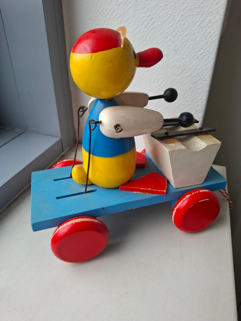 Vintage trekeendje, speelt op xylofoon als je er aan trekt, Ophalen of Verzenden, Gebruikt