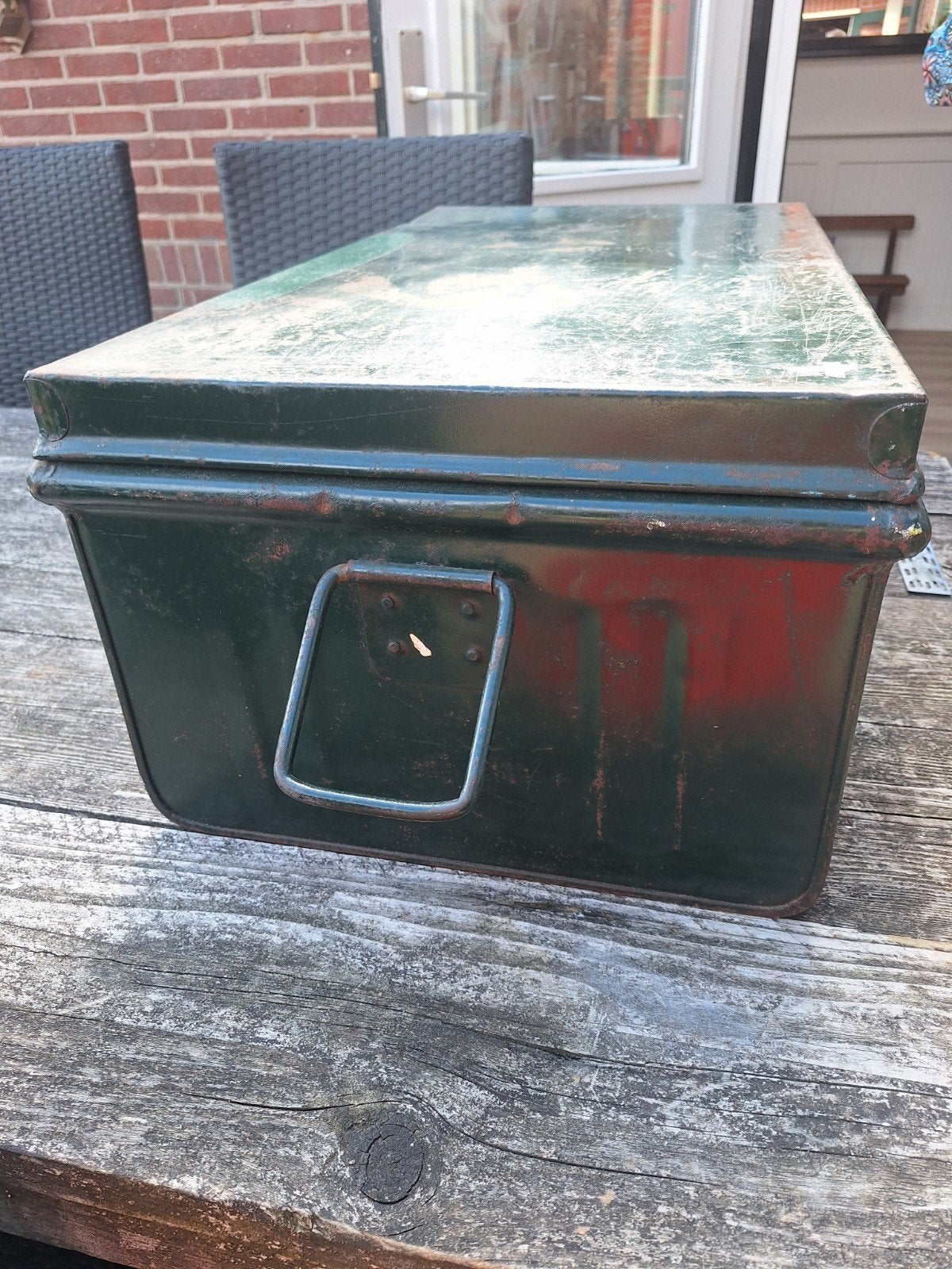 Vintage metalen kist - Groen met blauwe binnenkant, Ophalen