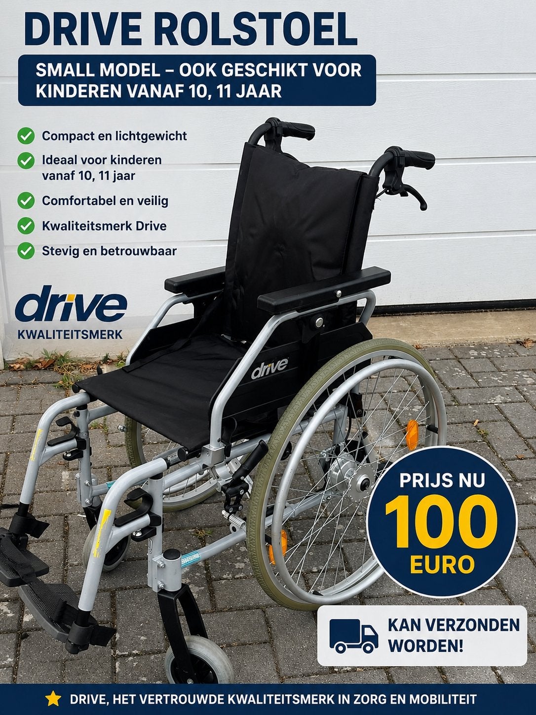 Smal model inklapbare (kinderen vanaf 10jaar) rolstoel Drive, Diversen, Rolstoelen, Drive, Zo goed als nieuw, Handbewogen rolstoel