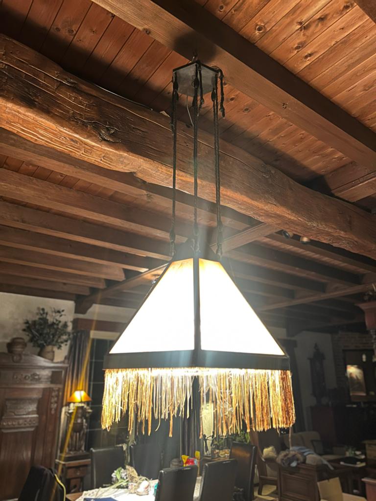 Unieke hanglamp met franjes en patroon, art deco, Ophalen, Gebruikt, Metaal, 75 cm of meer