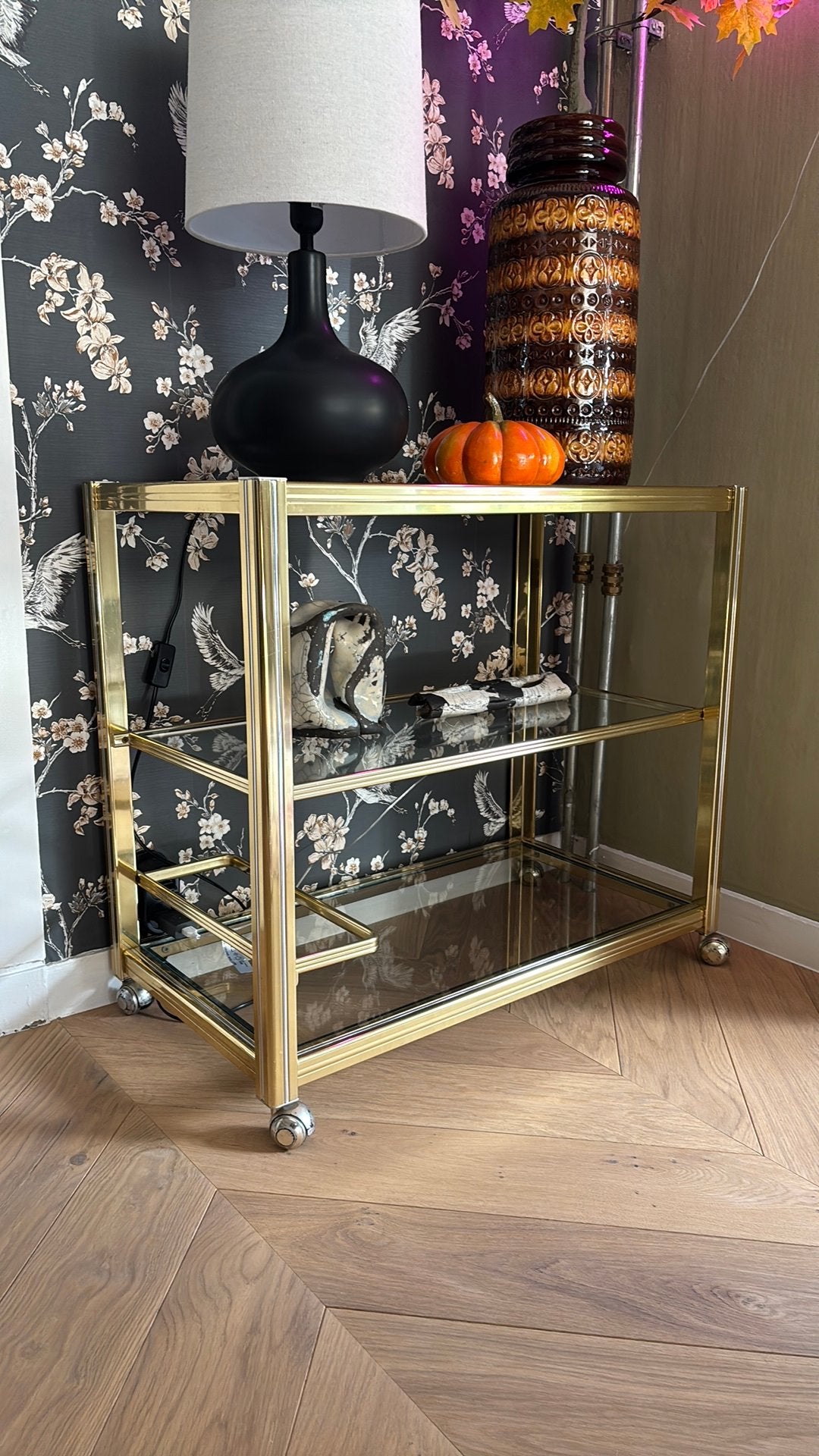Messing Serveerwagen met Glasplaten, barcart, Ophalen, Gebruikt