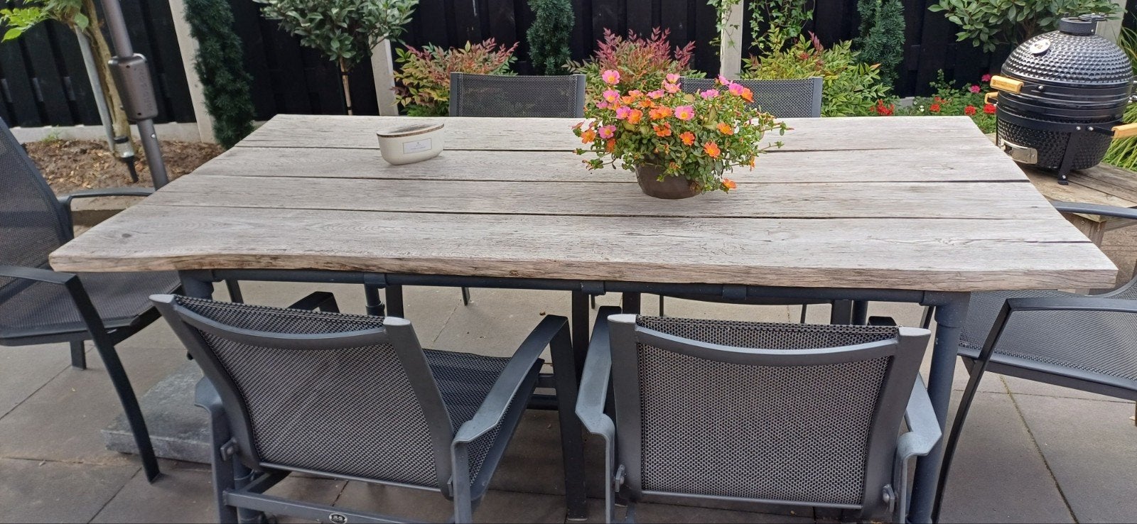 Stoere tuintafel met 4 eiken planken als blad 204 lang, Tuin en Terras, Tuintafels, Ophalen, Gebruikt, Rechthoekig, Hout