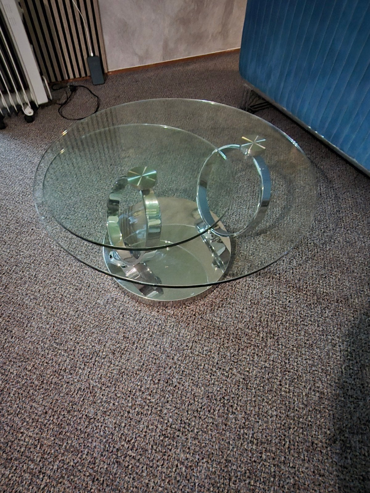 Glazen salontafel met chromen onderstel, Gebruikt, 50 tot 100 cm, Rond, Glas